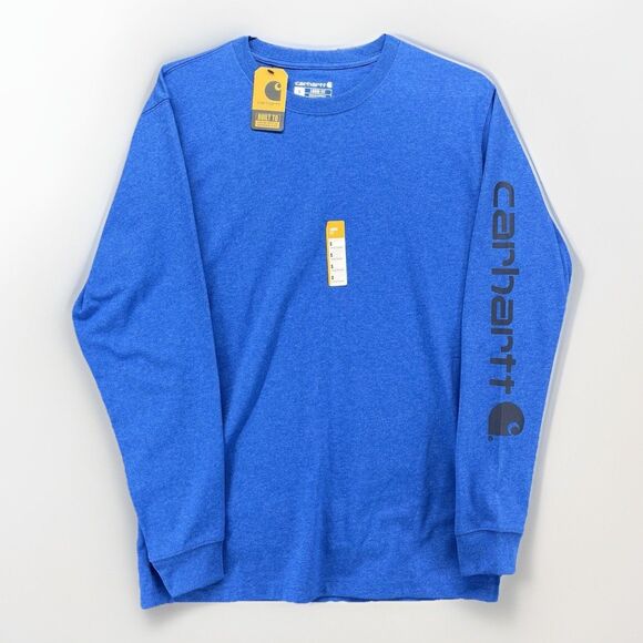 Carhartt T-Shirt Men's Small Blue Graphic Long Sleeve Crew Neck Pullover Heavy - Picture 1 of 7